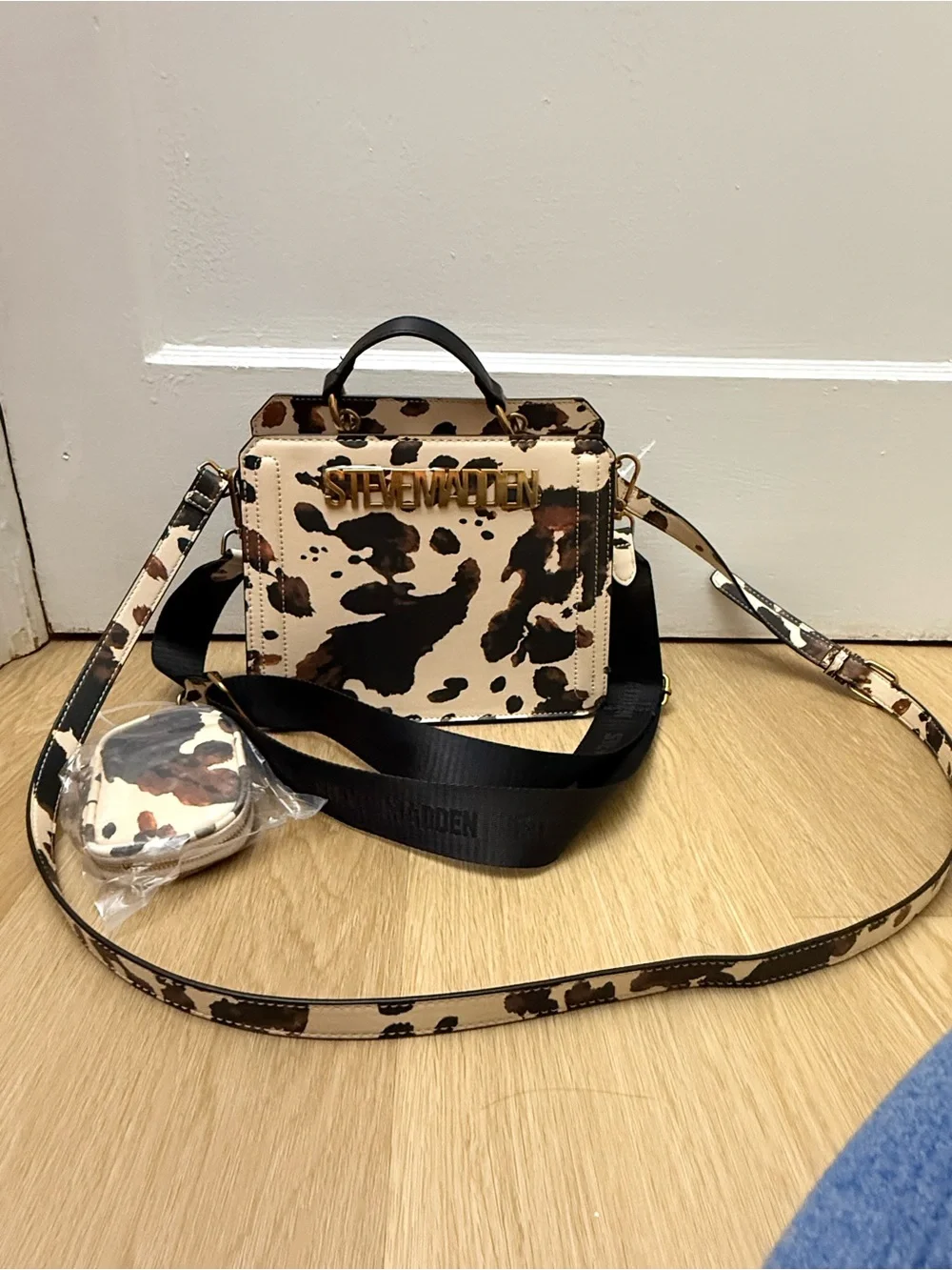 Steve Madden Cow Print Top-Handle Crossbody - Beige & Brown
